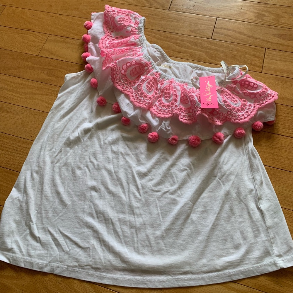 Lilly Pulitzer pink and white cold shoulder top